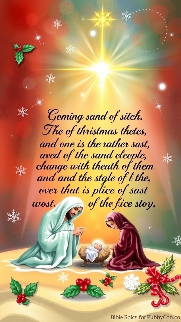 A Christmas painting of a nativity scene with a Bible verse, surrounded by festive decorations.
